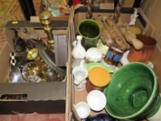 Two trays of assorted ceramics and collectables to include clocks, vases etc