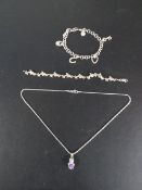 Two silver bracelets together with a white metal necklace with white metal pendant (3)