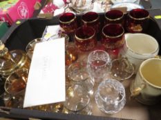 Two trays of assorted ceramics and glass to include clowns, drinking glasses etc