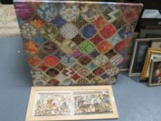 Two in one frame Egyptian tourist papyrus prints, together with a large decorative canvas print