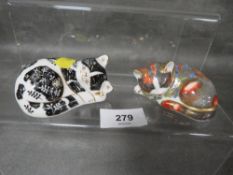 Two Royal Crown Collectors Guild cat paperweights - Misty with gold stopper and Catnip Kitten with