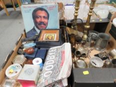 A tray of assorted collectables to include pipes together with a tray of assorted metalware etc. (
