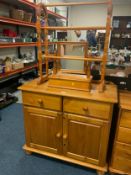 A pine small dresser cabinet together with a towel rail and a mirror