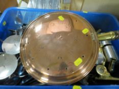 A tray of assorted metal ware to include a copper warming pan