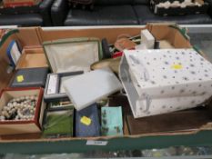 A large tray of assorted costume jewellery to include watches, coins, pocket knives, hallmarked