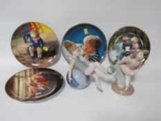 Two Nao figures together with four collectors plates