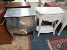 A metallic finish two drawer bombe shaped unit, together with a cream single drawer side table