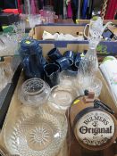 Two trays of assorted ceramics and glass to include a wooden Bulmer's barrel etc