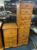 A pine tall nine drawer chest together with a similar four drawer chest