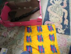 A large West African tribal art Nigerian batik textile, a large Congo axe, a Kente style cushion
