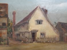 Naive school, 19th century oil on canvas of an old English cottage, part inscription to back 'old