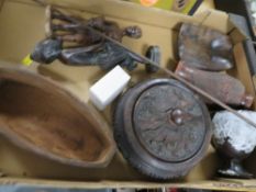 Two African tribal art carved figures, African wooden bowl and cover, model canoe, two vases etc.