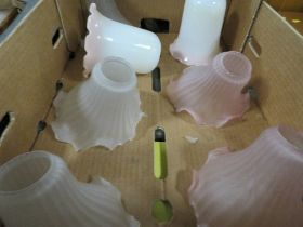 A tray of assorted vintage glass light shades, one A/F