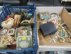 Two small trays of assorted vintage costume jewellery etc