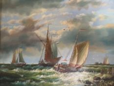 An oil on panel depicting a stormy seascape, 19 x 24 cm, in a decorative gilt frame