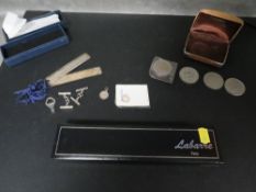 Two hallmark silver bookmarks, coins, a Labarre wristwatch etc.
