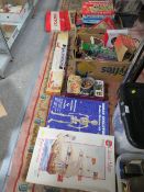 Two trays of assorted vintage toys to include tin plate train etc