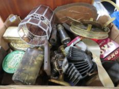 A tray of metalware and collectables to include a tin of buttons, an Eco fan etc