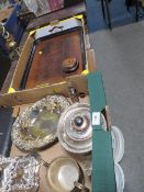 A tray of assorted silver plated ware etc together with a twin handled tray, barley twist smokers