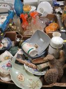 Two trays of assorted ceramics and glass to include a Wade sherry barrel etc