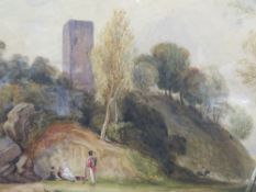 A 19th century framed and glazed watercolour depicting a soldier and figures at the foot of a motte,