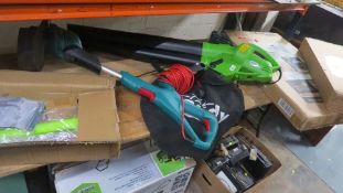 A selection of garden items, to include a boxed bird feeder, a potting table, leaf vac, Bosch