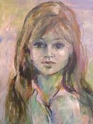 A mid century style half portrait painting of a young girl, mixed media, framed, indistinctly signed