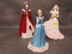 A Royal Doulton figurine Cinderella together with Royal Worcester Queens 80th birthday figurine with