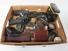 A tray of assorted collectables too include binoculars etc