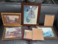 A selection of pictures / frames etc., to include a small overpainted print in a decorative gilt