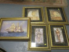 Four gilt framed decorative Egyptian themed prints, together with an overpainted print of a