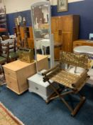 A painted cheval mirror, bamboo effect directors chair, two drawer cabinet and magazine rack. (4)