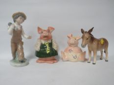 Two Wade Natwest pigs together with a Beswick donkey and a Nao figure A/F