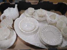 A tray of Belleek tea and coffee ware with serving tray - black mark to base