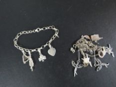 A silver charm bracelet together with a quantity of silver and white metal jewellery