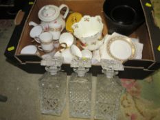 A tray of assorted ceramics to include Wedgwood together with a set of three tantalus style