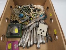 A tray of assorted costume jewellery, coins, flatware etc