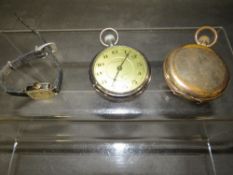 A full hunter pocket watch together with an open faced pocket watch and a wristwatch (3)