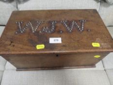 An antique oak lidded box with brass stud detail to the top 39 x 22 x 19 cm