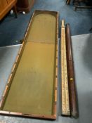 A vintage mahogany cased folding bagatelle, together with a military tripod and a surveyors measure.