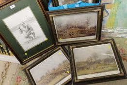 A set of framed steeple chasing prints, together with a Greg Norman golfing print
