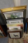 A collection of assorted pictures and prints, to include a modern floral oil painting
