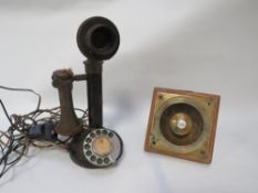An antique brass doorbell pull together with a stick telephone A/F