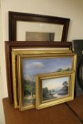 A collection of assorted pictures and prints, to include an oil painting of a lake scene
