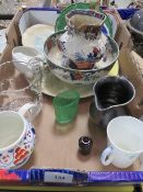 A tray of assorted vintage ceramics and glass