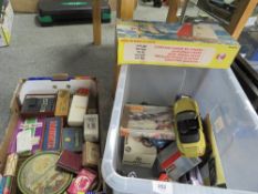 A tray of assorted vintage toy cars together with a tray of playing cards and dominos