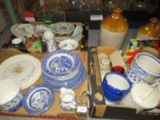 Three trays of assorted ceramics to include stoneware flagons etc