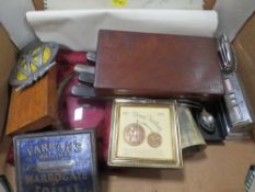 A box of collectables including antique drawing sets AA car badge, Ronson lighter etc