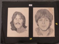 Two vintage student pencil portraits of two members of The Beatles
