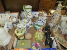 Three trays of assorted ceramics and glass to include etched decanters together with continental